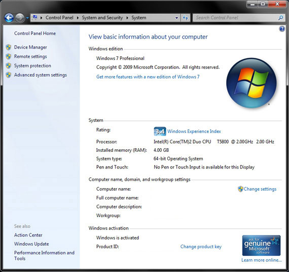 System Properties Windows 7 Pro 64-bit