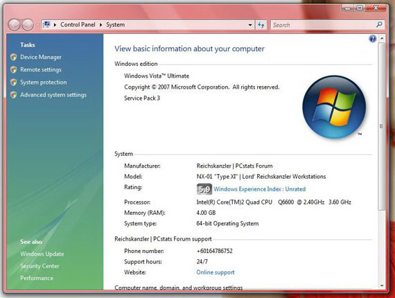 System Properties Windows Vista Ultimate 64-bit