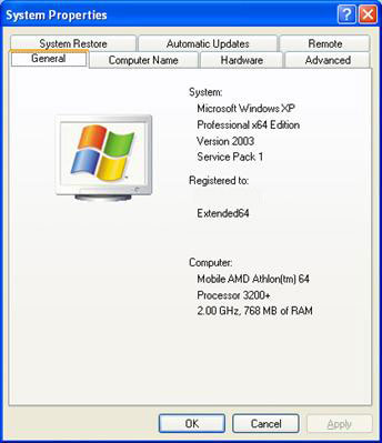 System Properties Windows XP Pro 64-bit