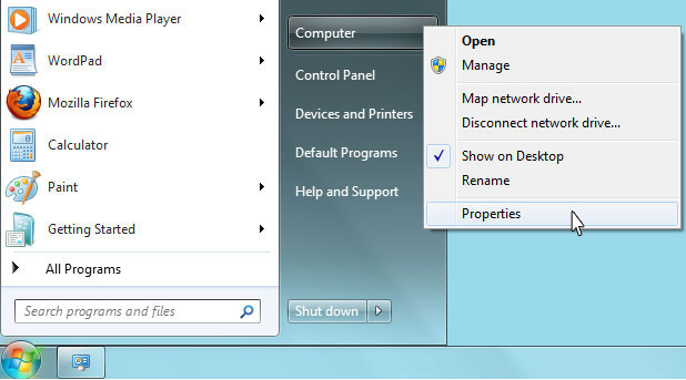 Right Click on Computer from Start Menu