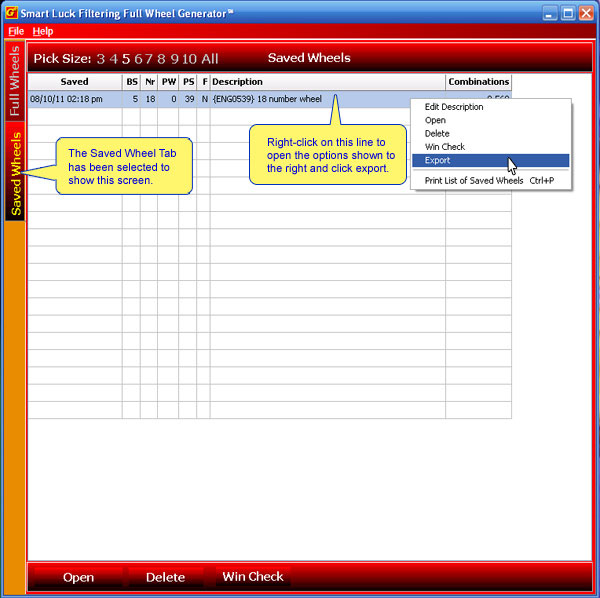 Saved Wheel Screen to export a wheel from FFWG