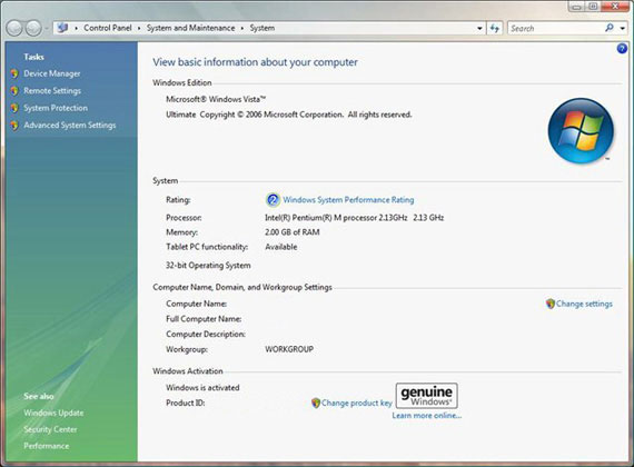 System Properties Windows Vista 32-bit