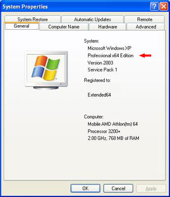 System Properties Windows XP Pro 64-bit